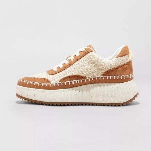 Natural Woven Lace Up Platform Sneakers for Women Low Top Stitching Classic Causal Shoes in Saudi Arabia