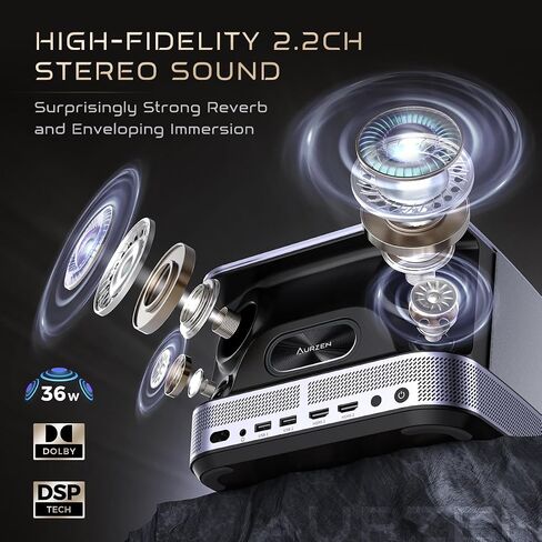 جهاز عرض 3 في 1 يدعم 4K، جهاز عرض ذكي AURZEN BOOM 3 مزود بواي فاي وبلوتوث، صوت DoIby ثلاثي الأبعاد ومكبرات صوت 36 وات، تركيز تلقائي وحجر مفاتيح، جهاز عرض Netflix الرسمي 500 ANSI Home Outdoor، فضي in Saudi Arabia