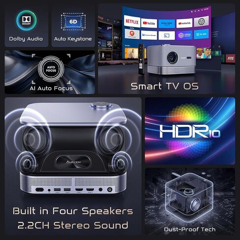 جهاز عرض 3 في 1 يدعم 4K، جهاز عرض ذكي AURZEN BOOM 3 مزود بواي فاي وبلوتوث، صوت DoIby ثلاثي الأبعاد ومكبرات صوت 36 وات، تركيز تلقائي وحجر مفاتيح، جهاز عرض Netflix الرسمي 500 ANSI Home Outdoor، فضي in Saudi Arabia