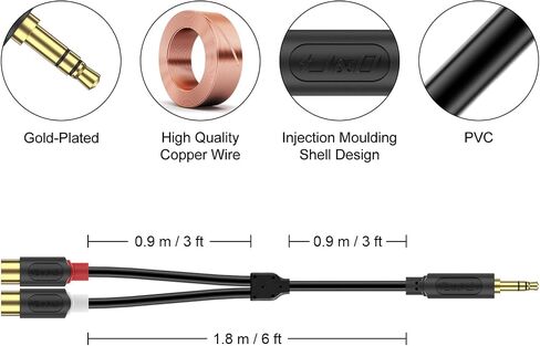 كابل J&D 3.5 مم إلى 2 RCA، سلسلة موجات صوتية مطلية بالذهب 3.5 مم ذكر إلى 2RCA أنثى محول صوت ستيريو Y كابل RCA مقسم، 6 أقدام in Kuwait
