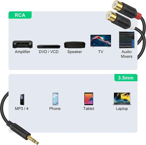 كابل J&D 3.5 مم إلى 2 RCA، سلسلة موجات صوتية مطلية بالذهب 3.5 مم ذكر إلى 2RCA أنثى محول صوت ستيريو Y كابل RCA مقسم، 6 أقدام in Kuwait