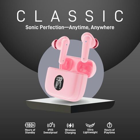 سماعات أذن MyJoy Classic اللاسلكية، سماعات أذن تقلل الضوضاء للتنقلات والتدريبات والاستماع إلى الموسيقى، سماعات رأس مقاومة للتعرق IPX5، سماعات أذن بلوتوث، ميكروفون مزدوج، وقت تشغيل لمدة 7 ساعات، وردي in Kuwait