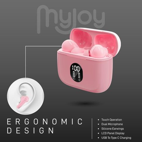 سماعات أذن MyJoy Classic اللاسلكية، سماعات أذن تقلل الضوضاء للتنقلات والتدريبات والاستماع إلى الموسيقى، سماعات رأس مقاومة للتعرق IPX5، سماعات أذن بلوتوث، ميكروفون مزدوج، وقت تشغيل لمدة 7 ساعات، وردي in Kuwait