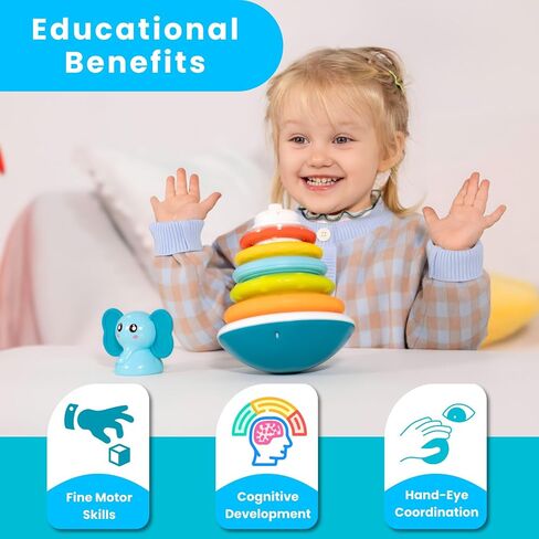 PlenPLAY Baby Tummy Time Toys - Dino Stacking Toys for Age 6+ Months, Weeble Wobble Toys for Babies 6 9 12 Months, Stacking Rings STEM Learning Toy, Sensory Learning Toy (Dinosaur) in Saudi Arabia