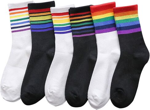 Colorful Stripes Crew Socks Cute White Tube Socks Athletic Boot Sock for Women, Ladies, Girls, 5 Pack in Kuwait