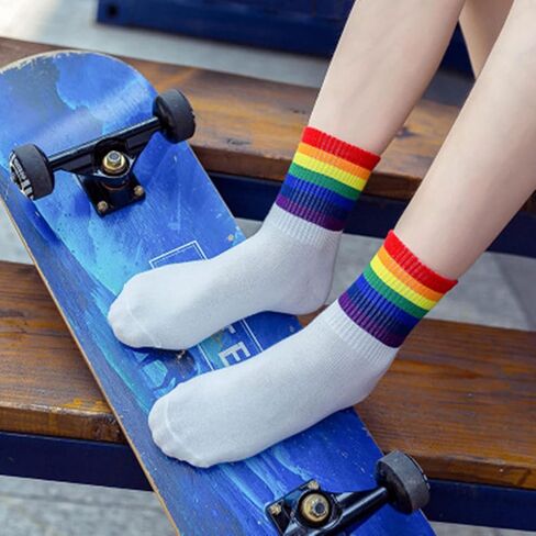 Colorful Stripes Crew Socks Cute White Tube Socks Athletic Boot Sock for Women, Ladies, Girls, 5 Pack in Kuwait