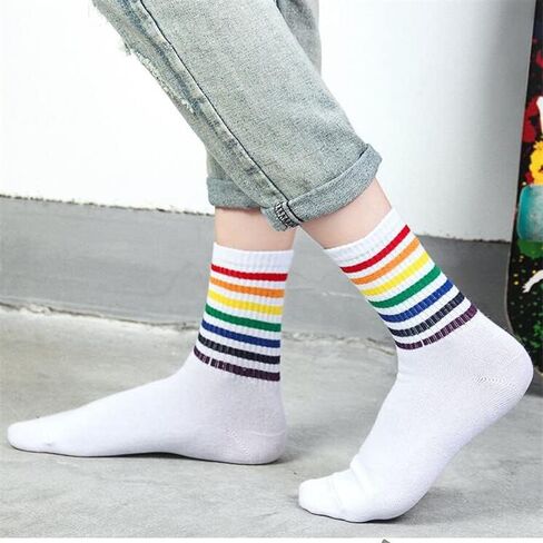 Colorful Stripes Crew Socks Cute White Tube Socks Athletic Boot Sock for Women, Ladies, Girls, 5 Pack in Kuwait