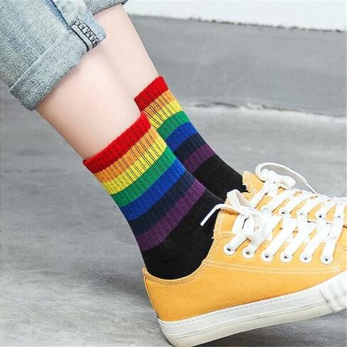 Colorful Stripes Crew Socks Cute White Tube Socks Athletic Boot Sock for Women, Ladies, Girls, 5 Pack in Kuwait