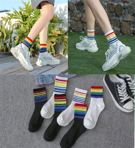 Colorful Stripes Crew Socks Cute White Tube Socks Athletic Boot Sock for Women, Ladies, Girls, 5 Pack in Kuwait