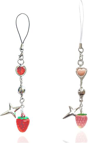 Meefisher 2 PCS لطيف Y2K سحر الهاتف الملحقات الجمالية الفراولة القلب الحبل لحقيبة المحفظة المعلقات الديكور (الفراولة الوردي، الفراولة الحمراء) in Saudi Arabia