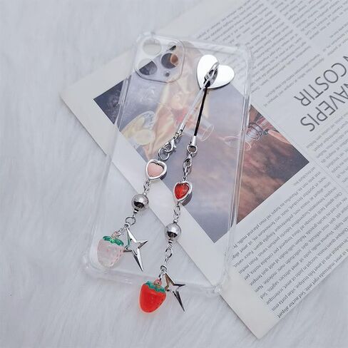 Meefisher 2 PCS لطيف Y2K سحر الهاتف الملحقات الجمالية الفراولة القلب الحبل لحقيبة المحفظة المعلقات الديكور (الفراولة الوردي، الفراولة الحمراء) in Saudi Arabia