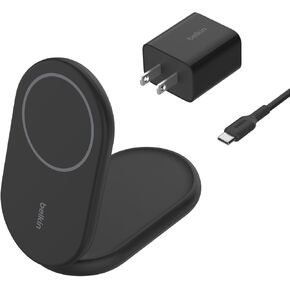 Belkin MagSafe Charger Compatible, BoostCharge Magnetic Foldable Wireless Charging Stand 15W - Qi2-Certified Wireless Charger for iPhone 15, 14, & 13 Series, Standy Mode Ready, PSU Included - Black