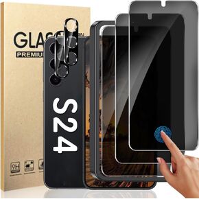 3+2 Pack Privacy Screen Protector And Camera Lens Protection for Galaxy S24 5G, Anti-Spy 9H Hardness Support Fingerprint Unlock Tempered Glass Screen Protector for Samsung Galaxy S24