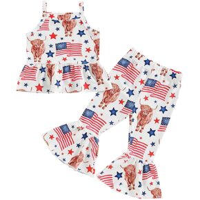 4th of July Outfit Toddler Bell Bottoms Baby Girl Summer Clothes Off Shoulder Vest Tops Bell Bottom Pants