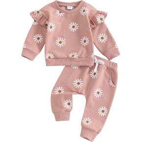 Infant Baby Girl Fall Outfit Long Sleeve Print Sweatshirt + Cute Pants Toddler Girl Winter Spring Clothes (White-Pink, 12-18 Months)