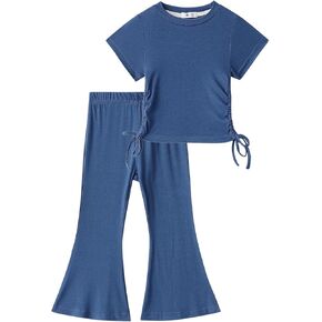 Toddler Girls Clothes Set Short Sleeve Ruched T-Shirt Tops Tee & Flare Pants Set Bell-bottoms Summer Outfits