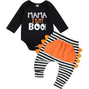 My First Halloween Baby Boy Monster Outfit, Newborn Long Sleeve Romper and Striped Pants 2Pcs Clothes Set