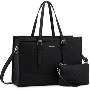 LOVEVOOK Laptop Bag for Women,15.6 inch Laptop Tote Bag Waterproof PU Leather Computer Bag Work Bags for Business Office, Large Capacity Laptop Purse Professional Work Tote Black