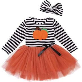 Toddler Kids Baby Girls Halloween Striped Dress Pumpkin Print Long Sleeve Tulle Princess Party Dress Tutu Skirts+ Headband