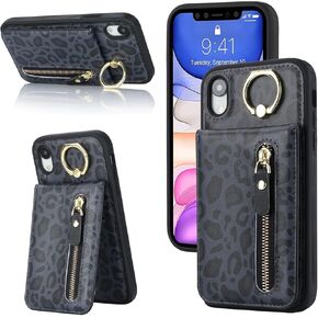 for iPhone XR Phone case Wallet for Women, for iPhone XR Phone case with Card Holder with Credit Card with Ring Kickstand Zipper Shockproof Slim Stand Case - Black Cow Print
