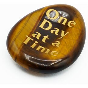 One Day at a Time Tigers Eye Agate Healing Crystal Worry Stone Anxiety Relief Stress Relaxation AA NA Addiction Recovery Affirmation You Got This Inspirational Sobriety Gifts for Women Men Friends