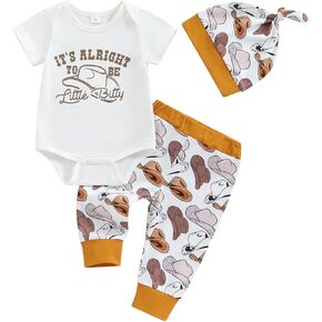 Newborn Western Baby Boy Girl Romper Bodysuit Clothes Outfit Funny Letter Short Sleeve Boots Hat Pattern 3 Piece Set