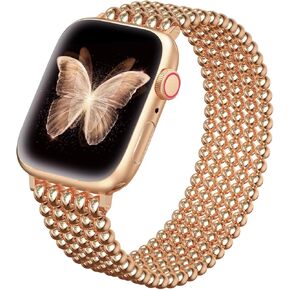 fastgo Silver Beaded Bracelet Band Compatible with Apple Watch Band 41mm/40mm/38mm/44mm/45mm/42mm/49mm Women, Dressy Elastic Stretchy Beaded Strap for Iwatch Series 9 Ultra 8 7 6 5 4 3 2 1 SE(Silver)
