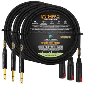 3 وحدات - 15 قدم - كابل تمديد سماعات الرأس WBC-PRO-Quad فائق الصمت، وفائق المرونة، ومتوازن، مع قابس TRS ذكر Neutrik مقاس ¼ بوصة (6.35 مم) لقفل مقبس TRS الأنثوي وسترة تويد سوداء