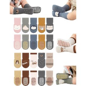 Baby Toddler Non-Skid Crew Socks, Girl Boy Non Slip Socks, Newborn Infant First Walking Floor Socks, 10 Packs