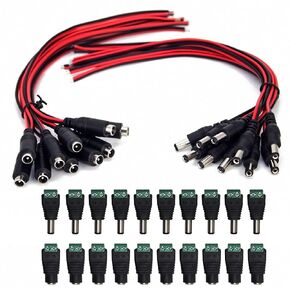 (Real 18AWG 43x2pcs Copper Strands) 10 Pairs DC Power Pigtail Cables Wire 12V 5A Male & Female + 10 Pairs DC Power Jack Plug Adapter Connectors for CCTV Home Security Surveillance (2.1mm x 5.5mm)