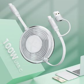 USB C 100W Retractable Multi 3-in-1 USB A/Type C to USB-C Travel Wall Charger Cable iPhone Charge Cable,Fast Charger Cord Combo for iPhone 15/Samsung Galaxy/iPad Pro/Android/LG/Huawei/XiaoMi/Pixel-4FT