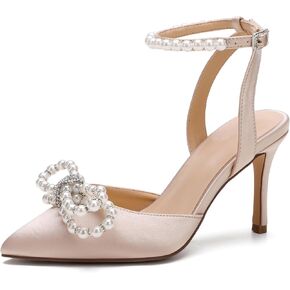 Women's Closed Toe High Heels Satin Wedding Pumps with Pearls Rhinestone Bow Ankle Strap Stiletto High Heel Sandals