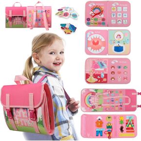 Busy Board Montessori Toys for 1 2 3 4 Year Old Girl Birthday Gift, Preschool Educational Activities Busy Book for Learning Fine Motor & Life Skills, Toddler Sensory Travel Toys for Airplane Car(Pink)