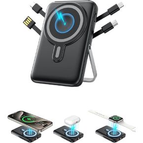 Wireless Portable Charger,3-in-1 Magnetic Power Bank 12000mAh Built in Cables,22.5W Fast Charging Mag-Safe Battery Pack with LED Display,Compatible with iPhone 15/14/13/12,Apple Watch Series,Airpods