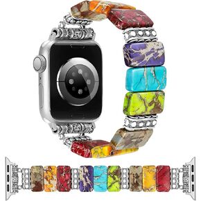 Natural Stone Bracelet Band Women Compatible with Apple Watch 38/40/41/42/44/45mm Boho Imperial Stone Handmade Beaded Elastic Western Vintage Strap for iWatch Series 9 8 7 6 5 4 3 2 1 SE