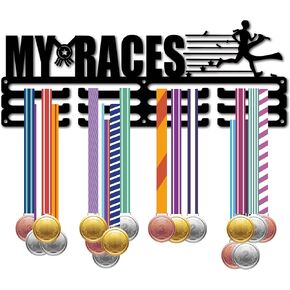 CREATCABIN Running Medal Hangers Display Medal Holder Rack Sports Metal Hanging Athlete Awards Iron Wall Mount Decor over 60+ Medals for Running Marathon Football Black 15.7x5.9 Inch-Miles of Memories