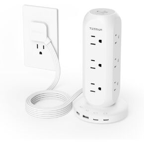 Surge Protector Power Strip Tower, TESSAN Flat Plug Extension Cord 6FT, Charging Station with 9 Outlets and 4 USB(2 USB C), ON/Off Switch Surge Protection for Office Home Dorm Room Desk Accessories