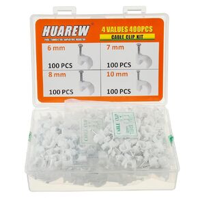 4 Sizes 400 Pcs White Plastic Steel Nail Cable Clips Apply to RG6 RG59 CAT5 CAT6 Ethernet/TV Wire/Telephone/Led Starlight/Print Cable Round Management Cable Wire Clips 6/7/8/10 mm