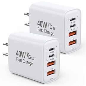 40W iPhone 15 Charger Block Fast Charging,[2-Pack] USB C Wall Charger,4-Port Fast USB Wall Adapter PD+QC Wall Plug Multiport Block Cube for iPhone 15/14/13/12/11/Pro Max/XS/XR, iPad 12.9/iPad 12.9 Pro