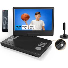 13.8" Portable TV/DVD Player with 12" HD Screen and Digital Tuner, HDMI Input, Region Free, Built-in Battery and High Volume Speakers, Supports USB/Audio/Sync TV
