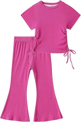 Toddler Girls Clothes Set Short Sleeve Ruched T-Shirt Tops Tee & Flare Pants Set Bell-bottoms Summer Outfits in Saudi Arabia