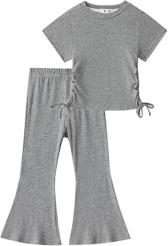 Toddler Girls Clothes Set Short Sleeve Ruched T-Shirt Tops Tee & Flare Pants Set Bell-bottoms Summer Outfits in Saudi Arabia
