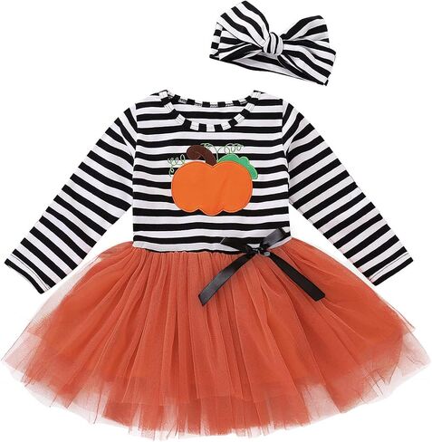 Toddler Kids Baby Girls Halloween Striped Dress Pumpkin Print Long Sleeve Tulle Princess Party Dress Tutu Skirts+ Headband in Saudi Arabia