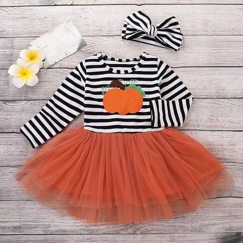 Toddler Kids Baby Girls Halloween Striped Dress Pumpkin Print Long Sleeve Tulle Princess Party Dress Tutu Skirts+ Headband in Saudi Arabia