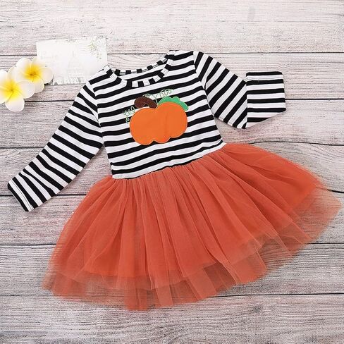 Toddler Kids Baby Girls Halloween Striped Dress Pumpkin Print Long Sleeve Tulle Princess Party Dress Tutu Skirts+ Headband in Saudi Arabia