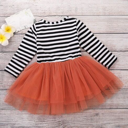 Toddler Kids Baby Girls Halloween Striped Dress Pumpkin Print Long Sleeve Tulle Princess Party Dress Tutu Skirts+ Headband in Saudi Arabia