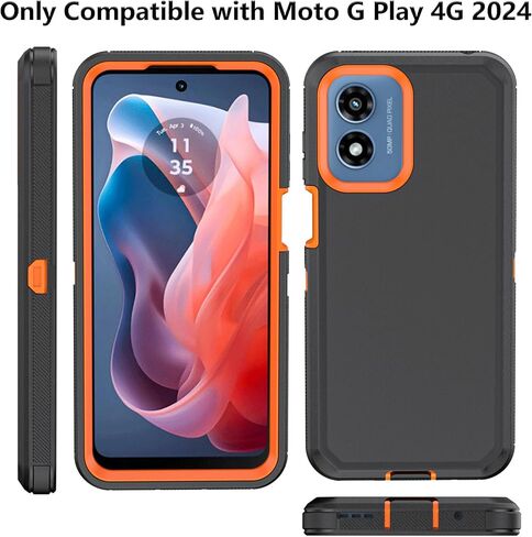 Phone Case for Moto G Play 2024 Case,Heavy Duty Hard Shockproof Armor Protector Case Cover with Belt Clip Holster for Moto G Play 2024 Phone Case (Black+Orange) in Kuwait