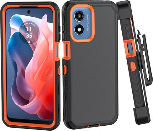 Phone Case for Moto G Play 2024 Case,Heavy Duty Hard Shockproof Armor Protector Case Cover with Belt Clip Holster for Moto G Play 2024 Phone Case (Black+Orange) in Kuwait