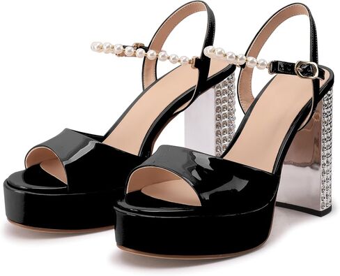 Jimishow Women's Platform Rhinestone Heeld Sandals Pearl Ankle Strap Peep Toe Wedding Heels Black Chunky High Heels Patent Leather Bridal Shoes in Saudi Arabia
