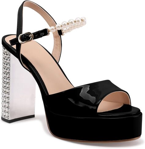 Jimishow Women's Platform Rhinestone Heeld Sandals Pearl Ankle Strap Peep Toe Wedding Heels Black Chunky High Heels Patent Leather Bridal Shoes in Saudi Arabia